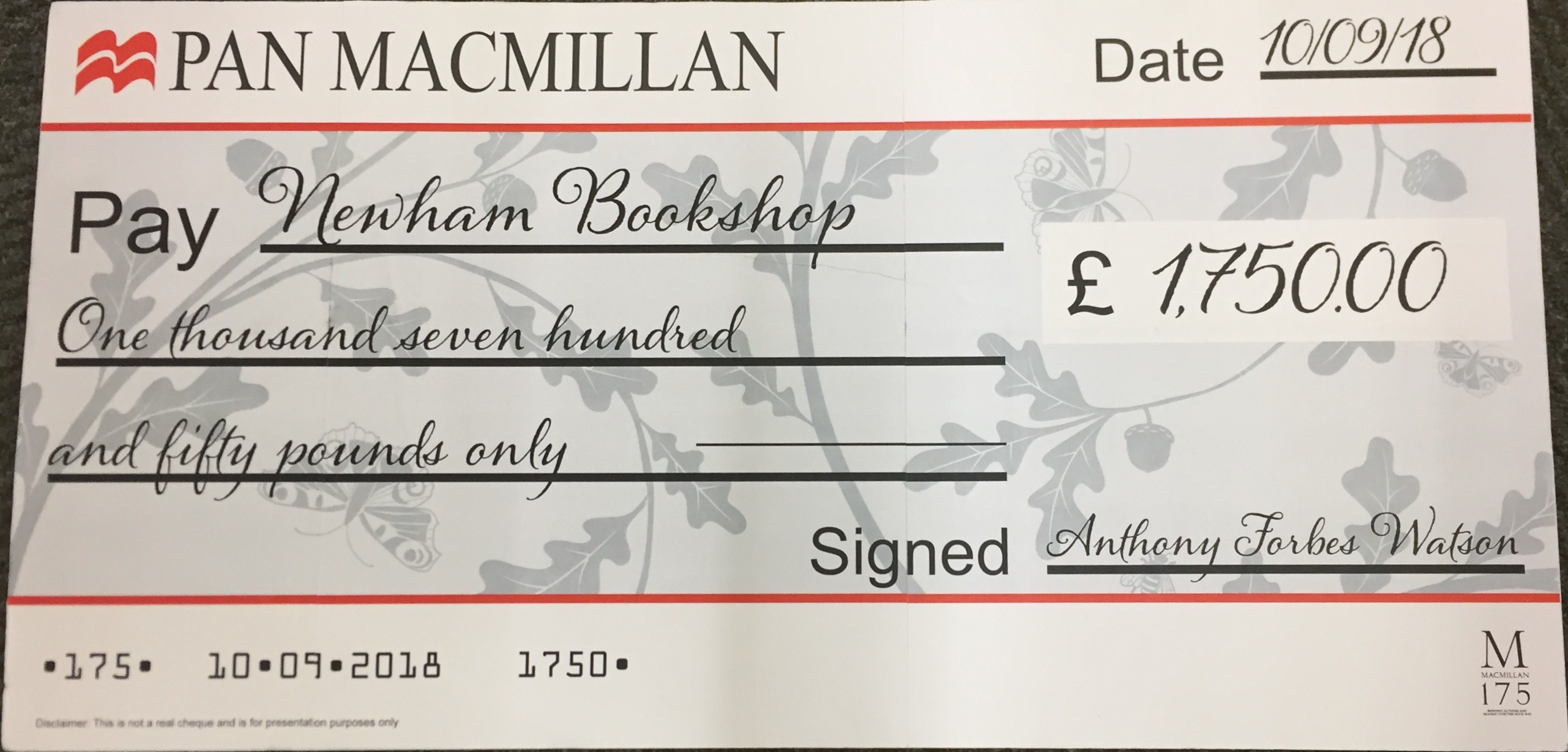 Pan Macmillan big cheque
